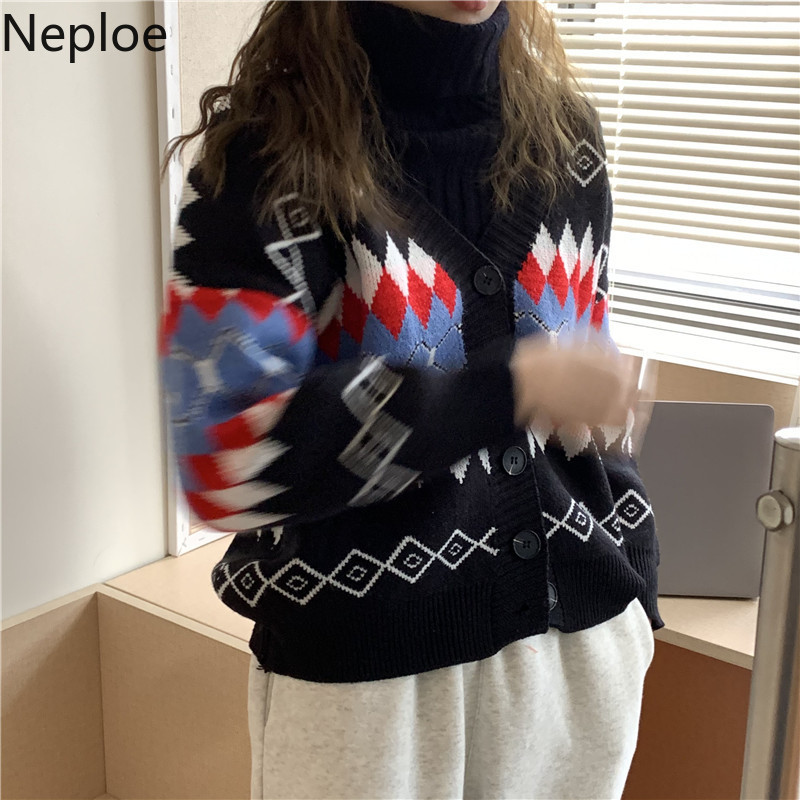 Neploe Knitted Plaid Cardigan Winter Clothes Thicked Knitted Sweater Women Pull Femme Loose Casual Knitwear Sueter Coat 210422