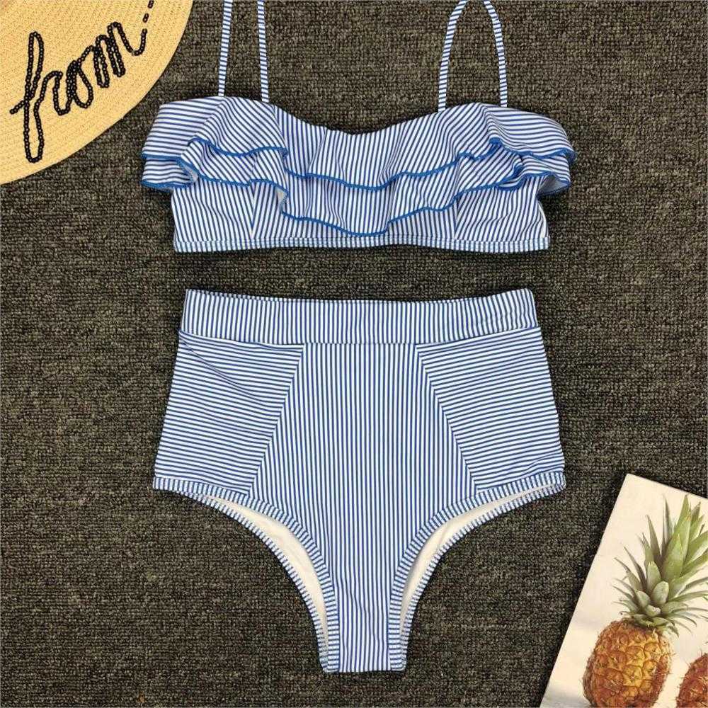 Sexy Retro Blue White Striped Bandeau High Waist Bikini Lady Swimwear Women Swimsuit Female Ruffle Ruched Swim Bathing Suit 210625