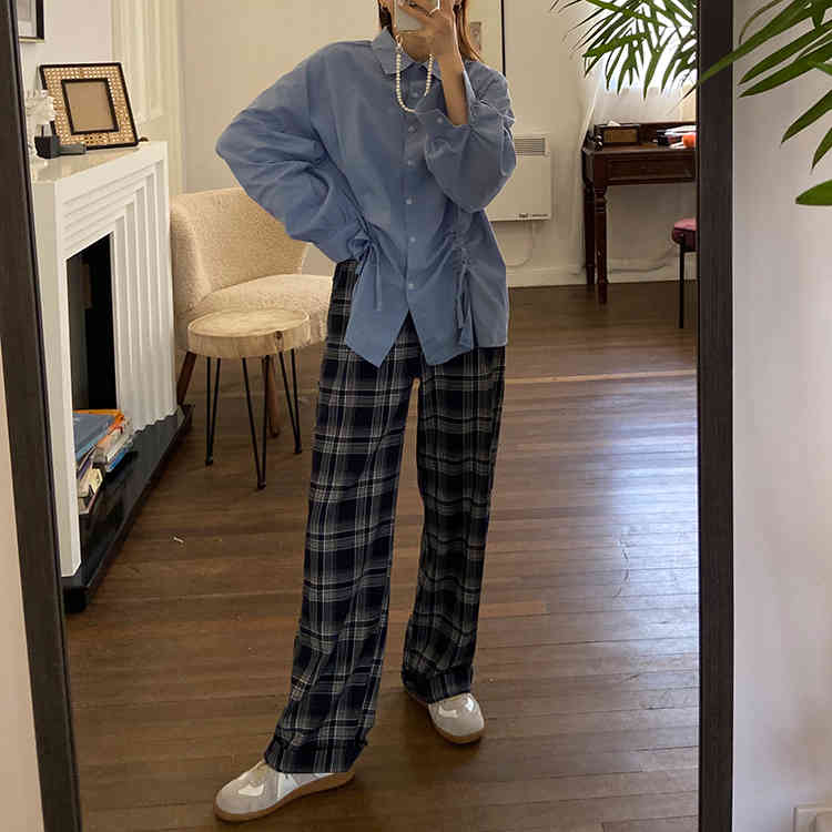SML korean style plaid vintage straight trouser female spring autumn high waist long pants womens (F4207) 210423