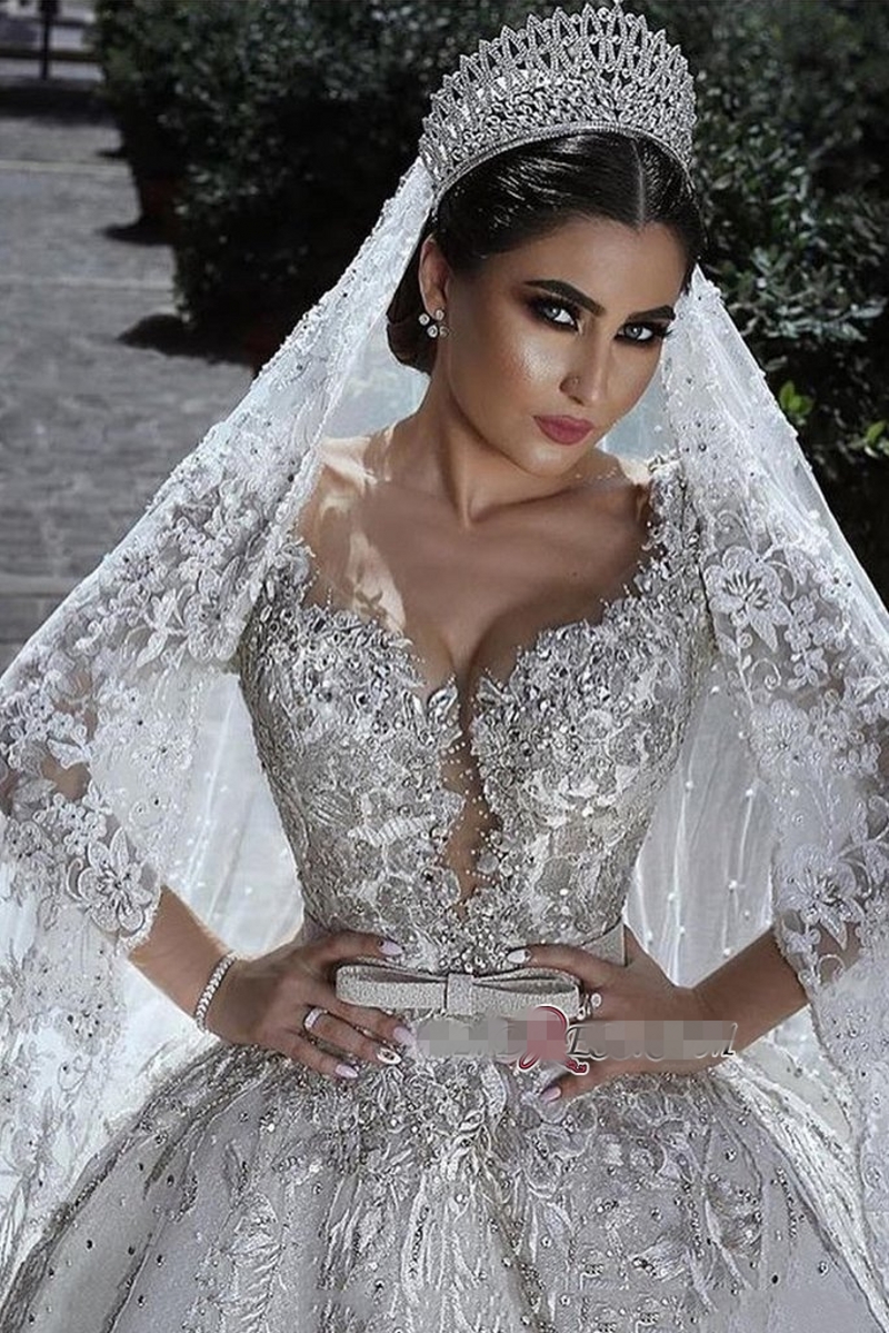 Glamorous Ball Gown Wedding Dresses 2023 Beads Long Sleeve Lace Appliques Bridal Gowns Arabic Muslim Robe De Mariage Custom Made
