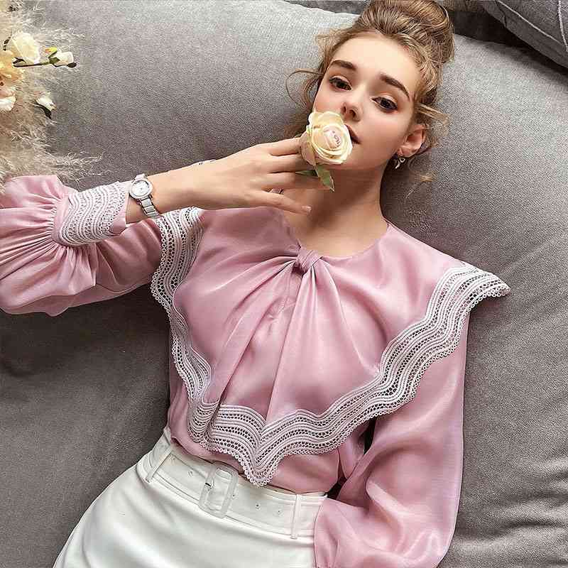 Dabuwawa Elegant Women Solid Blouse Spring Lace Ruffle Neck Lantern Sleeves Shirts Fashion Female Blouses Ladies DO1AST034 210520