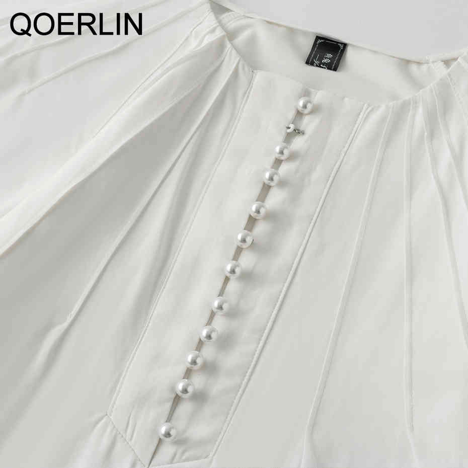 QoerliN Embroidered Blouse Women Elegant Lantern Sleeve White Blouse OL Stylish Pearl Decor Chiffon ChicShirts Plus Size 210412