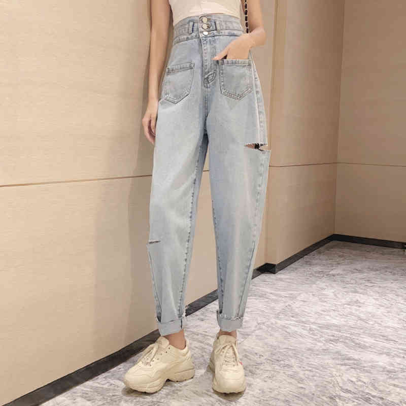 Comelsexy Autumn Vintage Jeans Woman Long Trousers Cowboy Female Loose Streetwear High-rise Ripped Pants 210515