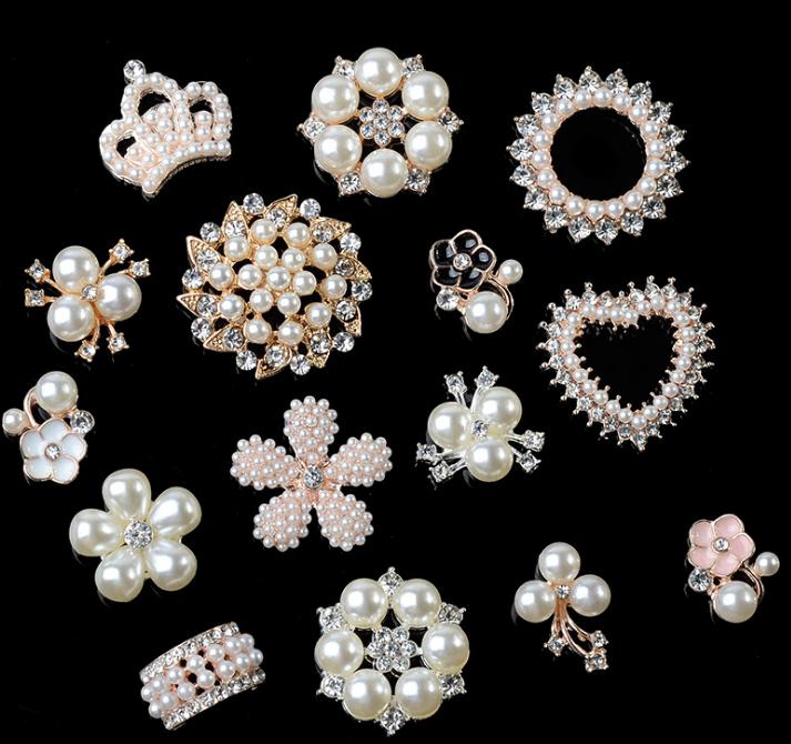 DIY Crown/Round/Snow/Flower Metal Rhinestone Pearl Buttons for Craft Flatback Crystal Decorative Buttonss Hair Accessories Use