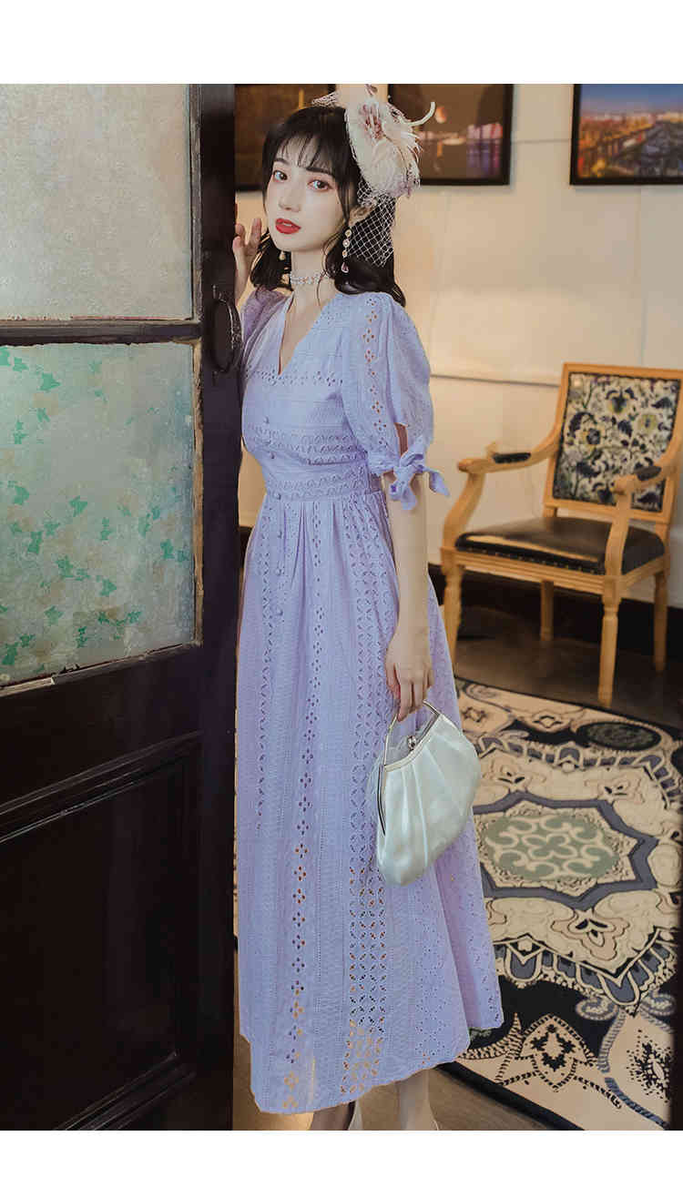 Summer Women Purple Embroidery Cotton Dress V Neck Short Sleeve Ladies Single-Breasted Midi Dress Vestidos 210518