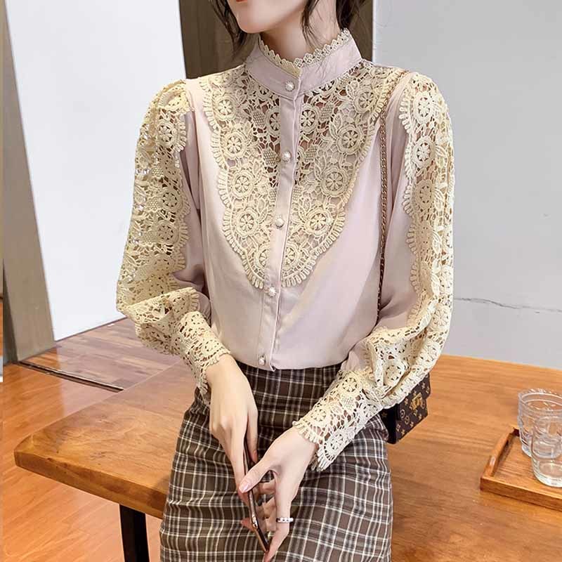 Crochet Hollow Lace Stitching Korean Style Blouse Women Sexy Puff Sleeve Stand-up Collar Bottoming Thin Shirt 12731 210427