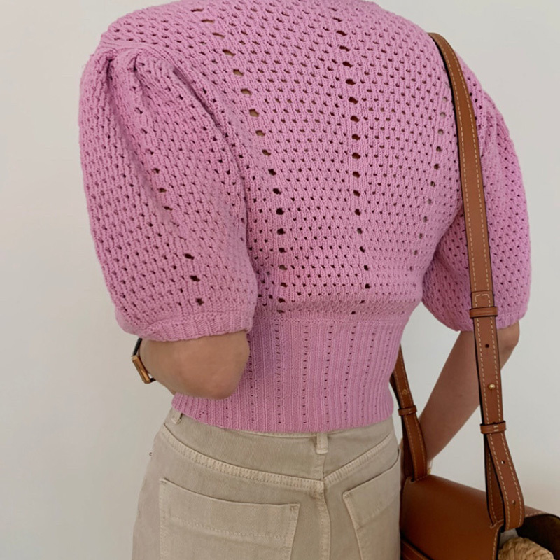 Lucyever Summer Casual Hollow Out Thin Cardigan Women V Neck Puff Sleeve Crop Tops Female Vintage Solid Knit Sweater Woman 210521wtt