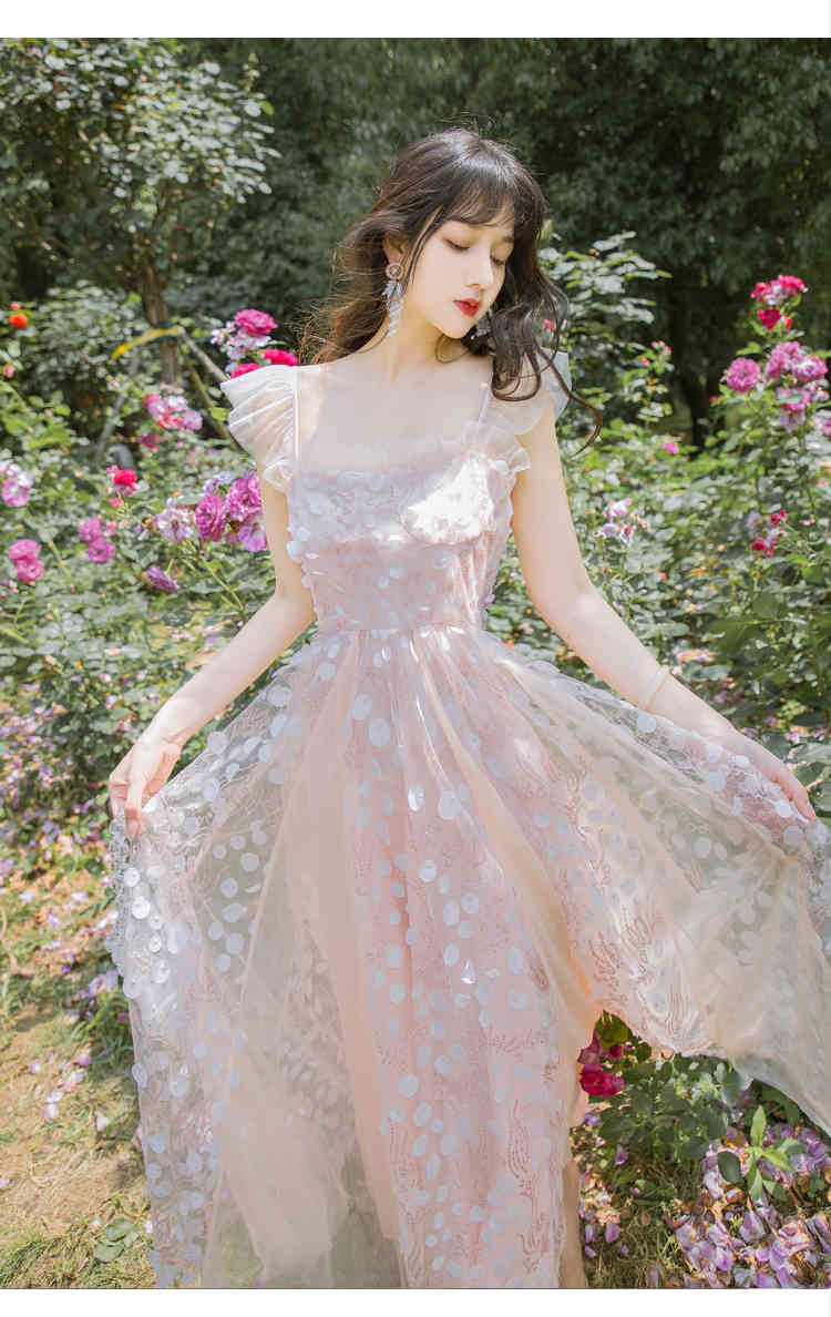 Elegant Women Sequins Square Collar Mesh Long Dress Vintage Summer French Ruffles Sleeveless High Waist Slim Fairy 210519