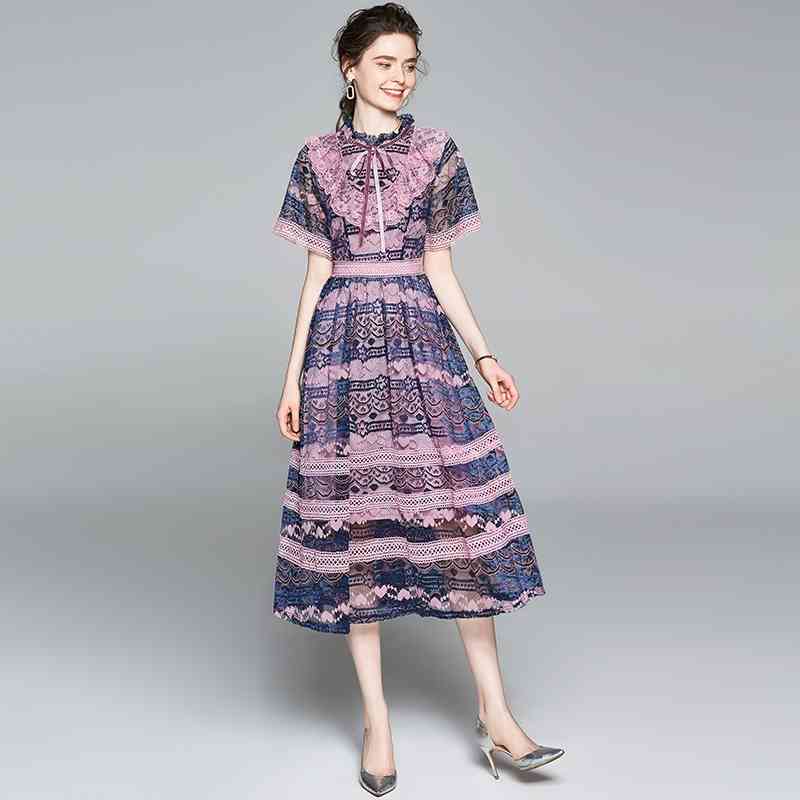 Fashion Runway Summer Dress Women Short Sleeve Lace Ruffles Patchwork Vintage es Ladies Midi Vestido 210520