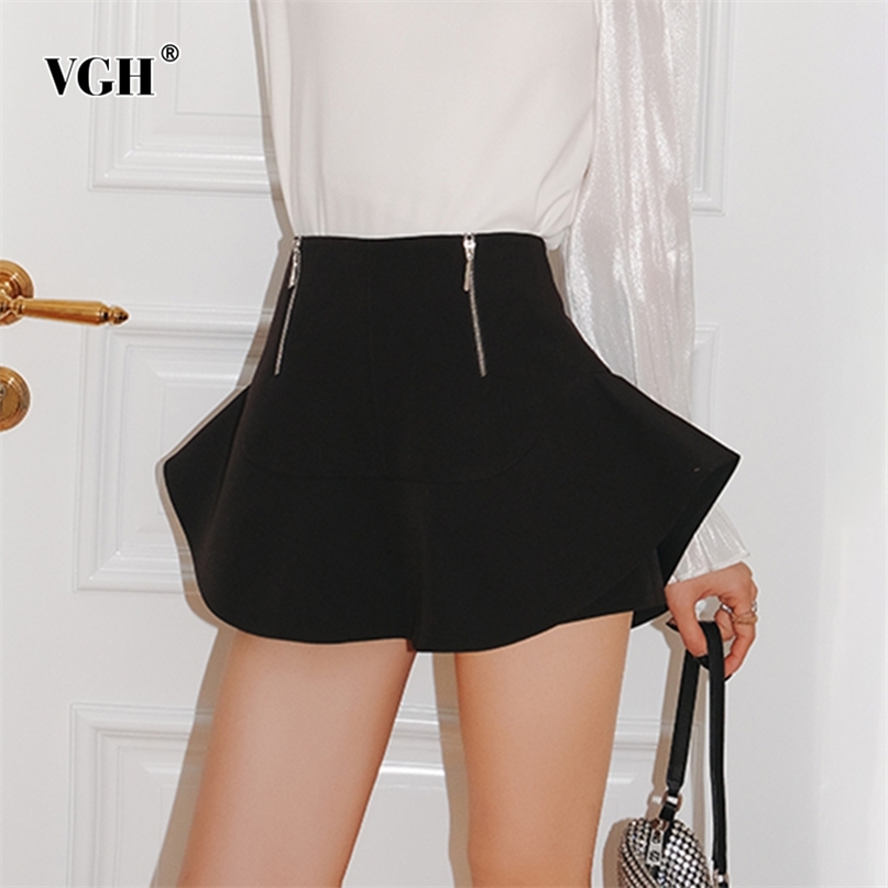 Casual Loose Black Short For Women High Waist Patchwork Ruffle Zipper Korean Minimalist Shorts Skirts Females Summer Fashion 210531