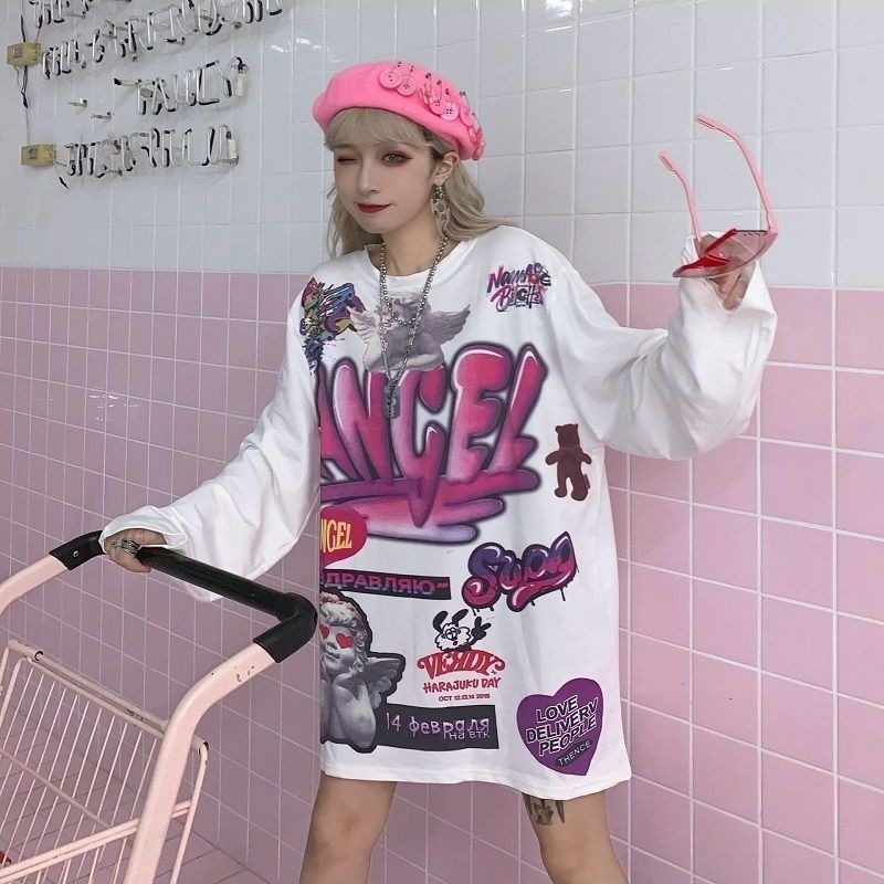 QWEEK Y2k Aesthetic Woman Tshirts Angel Print Tops Long Sleeve Harajuku Femme T-shirts Fashion Streetwear Women Clothing 210406