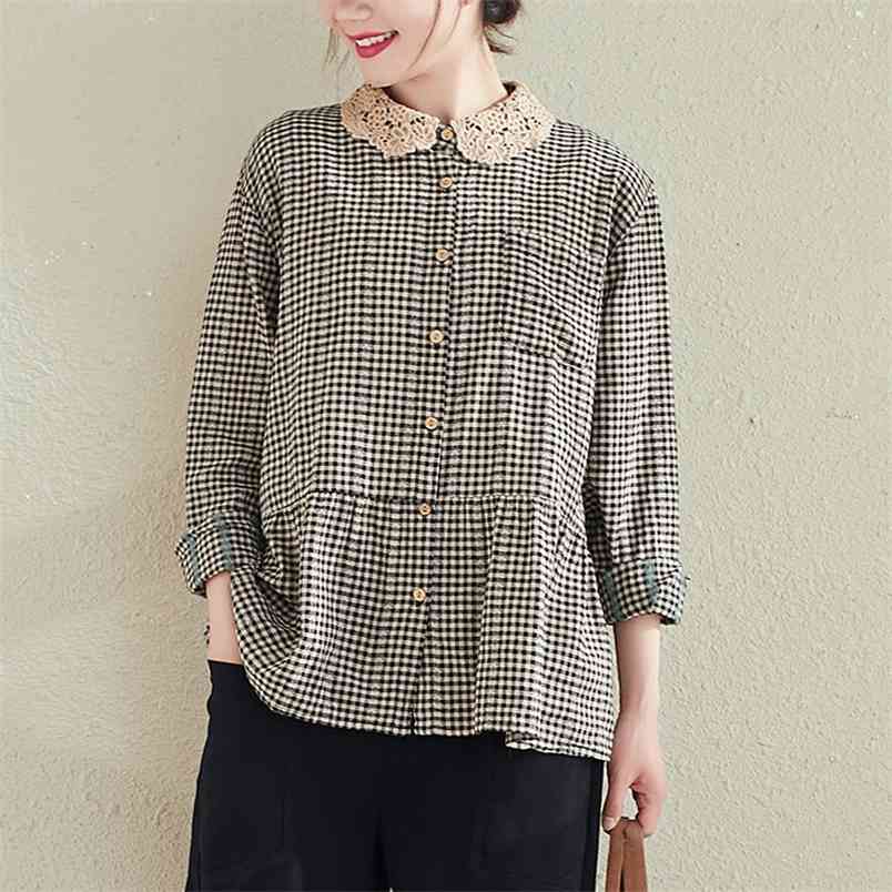 Spring Arts Style Women Long Sleeve Loose Shirts Lace Peter Pan Collar Cotton Linen Plaid Blouse Femme Tops Plus Size V306 210512