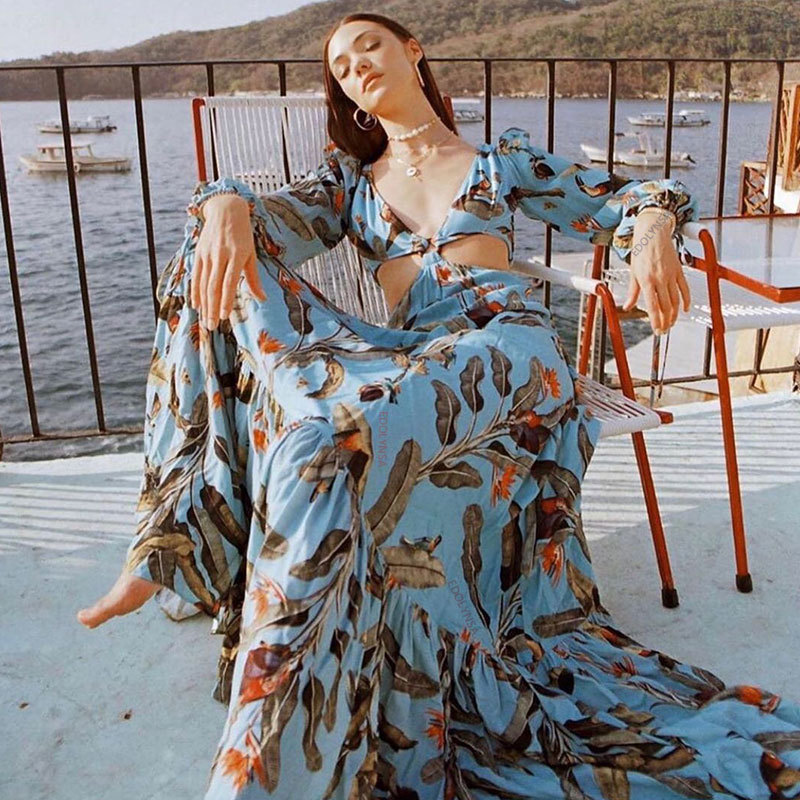 Elegant Floral Print Bikini Cover-ups Sexy Cross Open Back Long Sleeve Summer Dress Women Beach Wear Swim Suit Cover Up A891 210420