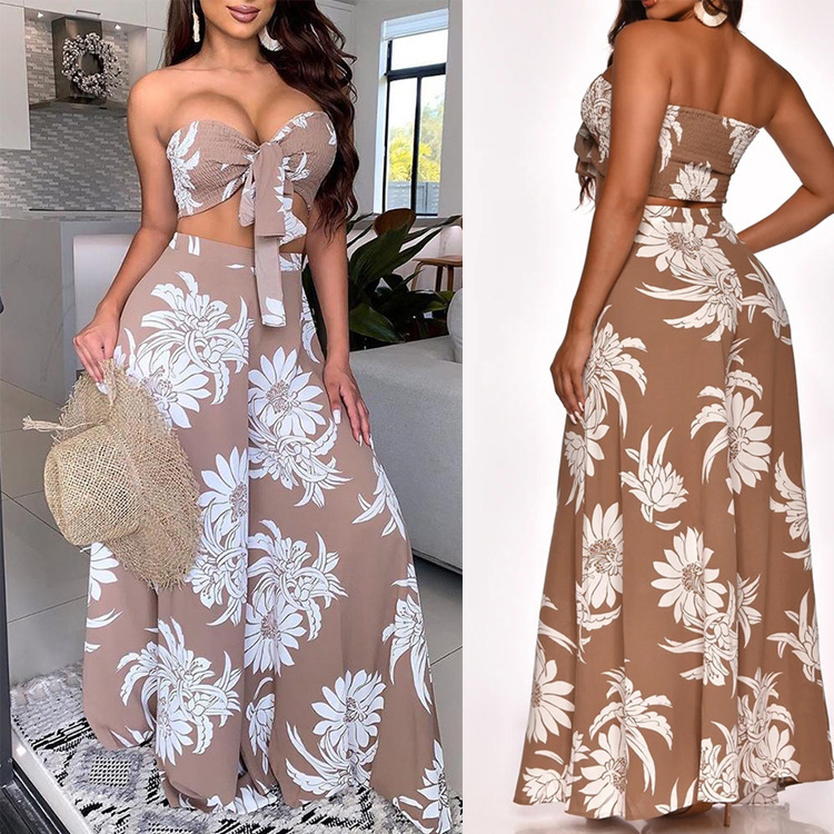 Women Sets Sexy Two Piece Skirt Bow Lace Up Print Bra Top With High Wait Maxi And 210524