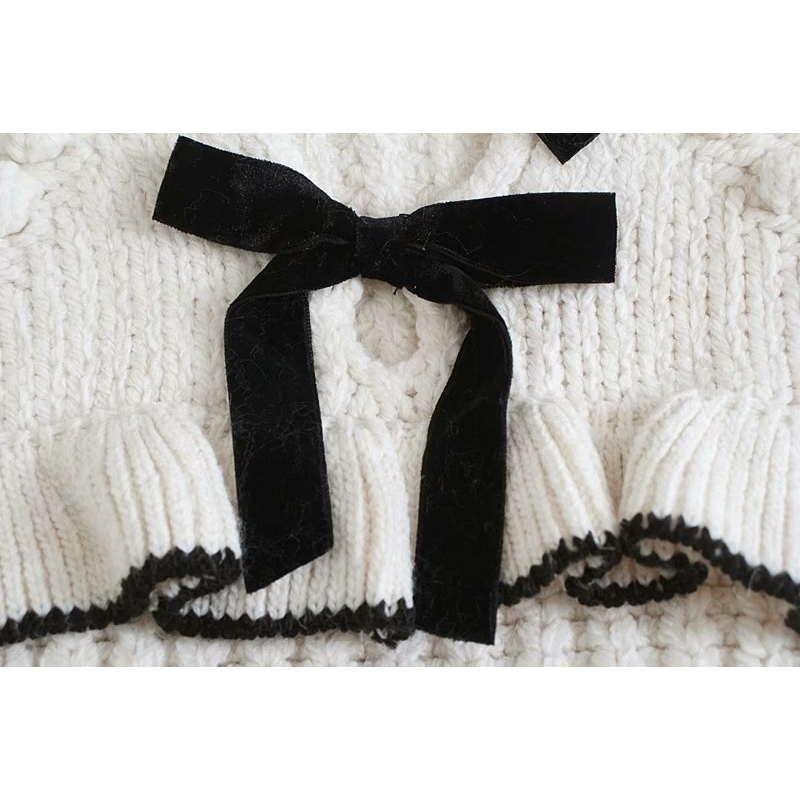 Elegant Women Bow Stand Collar Sweaters Fashion Ladies Ruffles Knitted Tops Sweet Female Chic Hollow Out Pullovers 210430