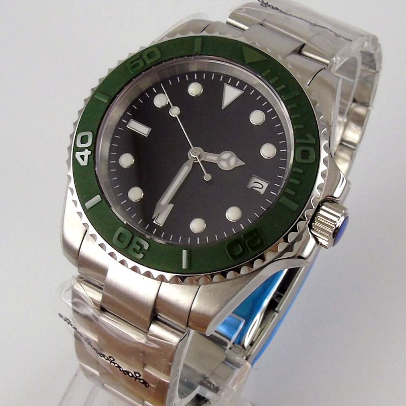 Wristwatches 40mm Black Sterile Dial Automatic Brushed Ceramic Bezel Date Luminous Sapphire Glass NH35 Miyota 8215 MOVEMENT Men's Wristwatch, Solid case back
Wristwatches 40mm Black Sterile Dial Automatic Brushed Ceramic Bezel Date Luminous Sapphire Glass NH35 Miyota 8215 MOVEMENT Men's Wristwatch, Solid case back