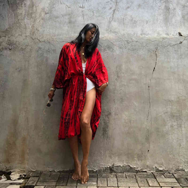 Red Striped Bikini Cover-ups Plus Size Long Kimono Sexy Belted Summer Wrap Dress Women Beach Wear Swim Suit Cover Up A859 210420