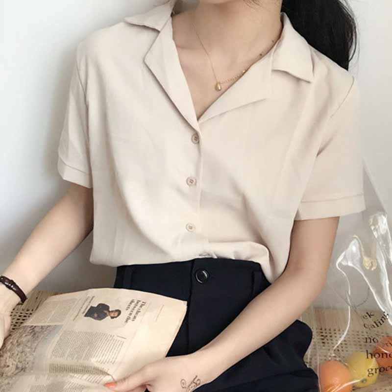 Vintage V Neck Blusas Solid Summer Tops Blouse Women Shirts Simple Fashion Short Sleeve Office Lady Shirt Femininas 10166 210518