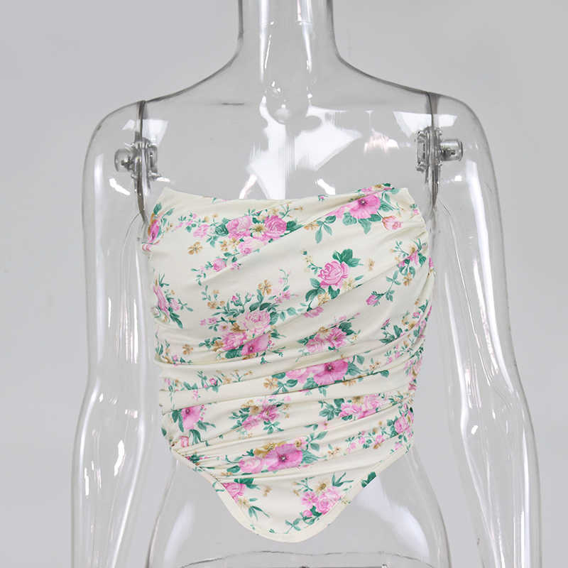Colysmo Boned Tube Tops Women Strapless Ruched Floral Corset Sexy Club Wear Crop Summer Elasticity Print Tank 210527