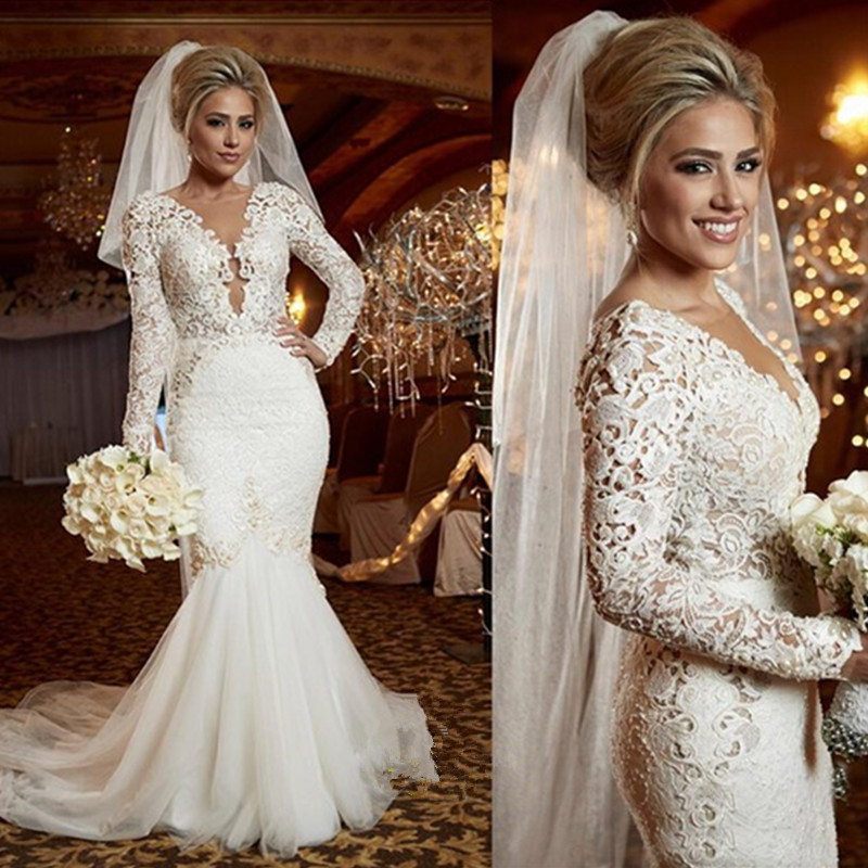Mermaid Dresses Style Lace Pearls Trumpet Wedding Gowns Garden Bridal Gown Long Sleeves Deep V Neck Inspired Arabic