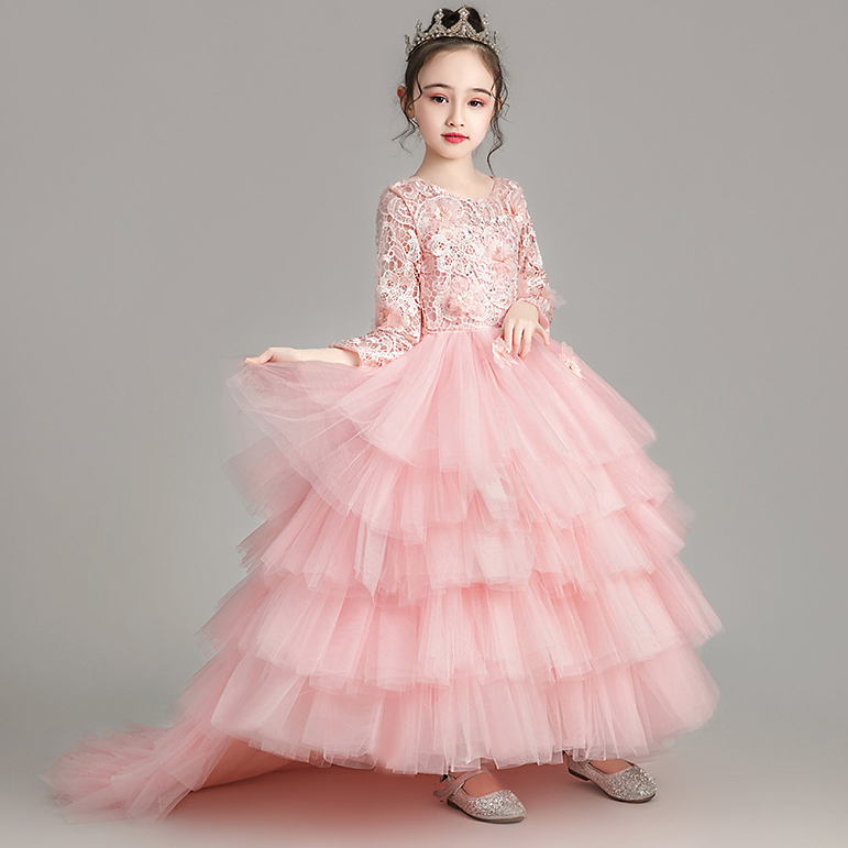 Ball Gown Toddler Girls Pageant Dresses Lace Appliqued Long Sleeves Flower Girl Dress Crystals Tulle First Holy Communion Gowns 403