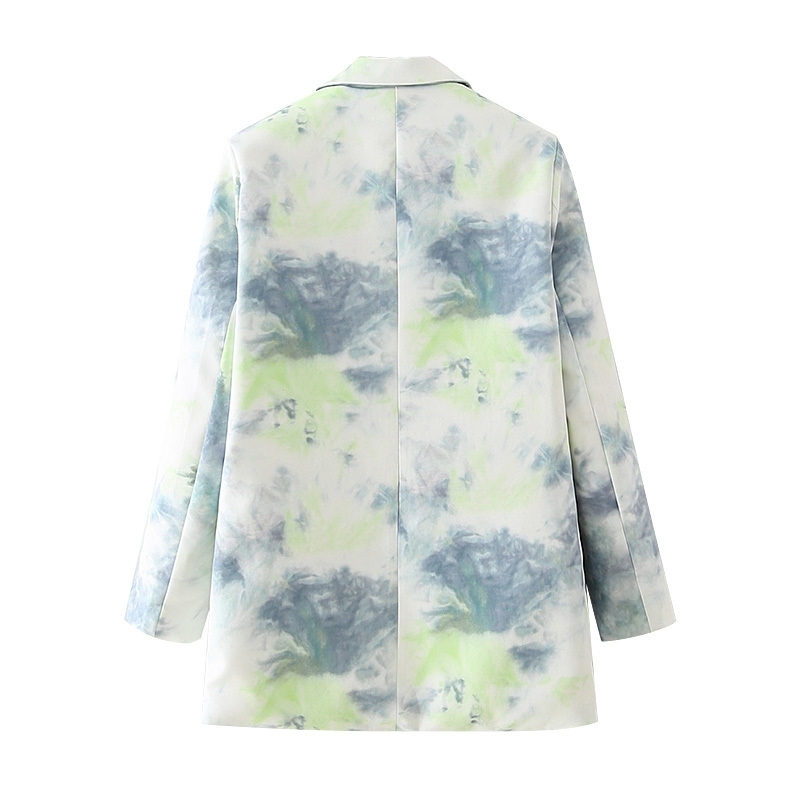 elegant women tie-dye blazer office ladies grey print jackets casual female double breasted suits chic sets 210430