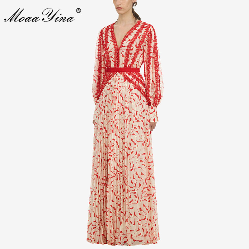 Spring Autumn Women Lantern Sleeve V-neck Lace Maxi Elegant Dresses Vestidos 210524