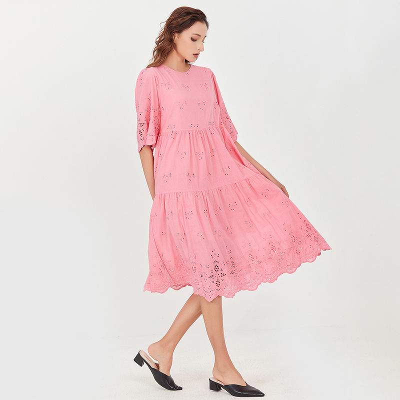 VGH Pink Hollow Out Dress For Women O Neck Half Sleeve Ruched Elegant Midi Dresses Female Fashion New Clothing Summer Tide 210421