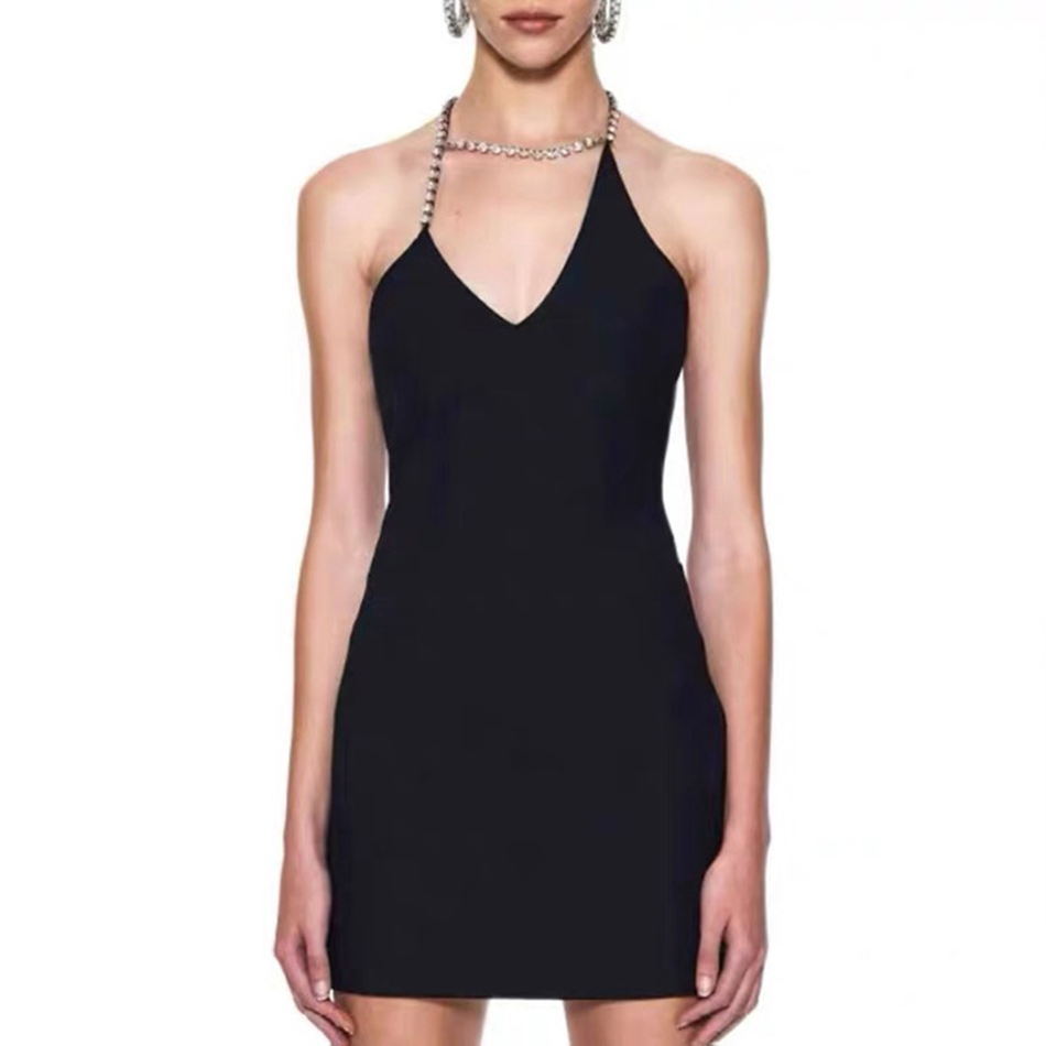 High Quality Sexy Black Dress Summer Women Water Diamond Strap Sleeveless Mini Skinny Party Woman 210525