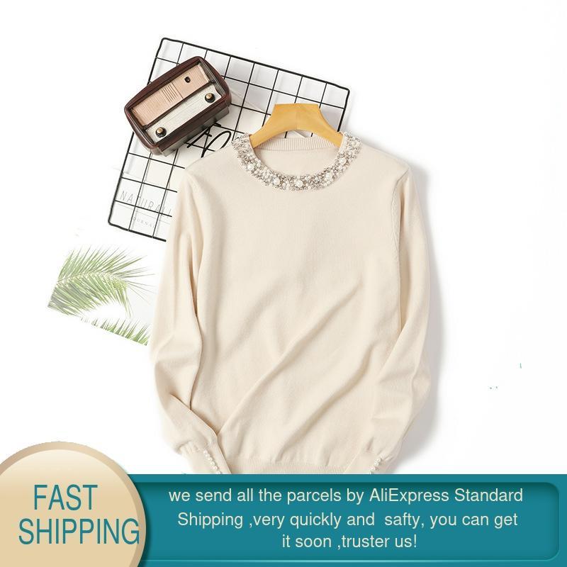 sweaters women's crewneck Black basic with Pearls knit pullover skinny sweat top winter woman knitting pullovers 210428