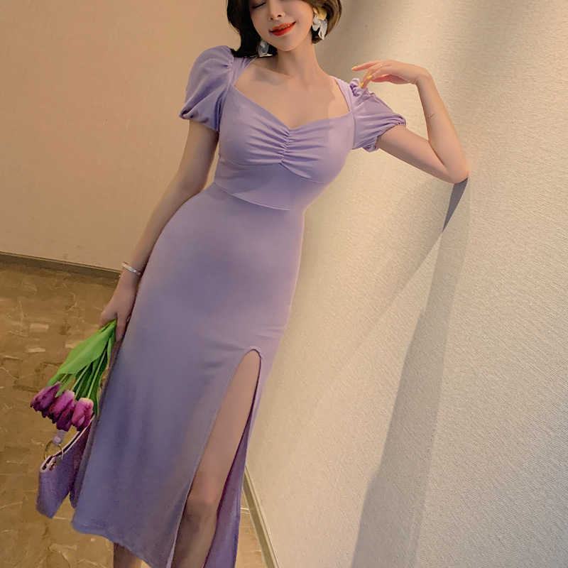 summer women' Korean version of the sexy V-neck pleated slim stretch purple dress 210603
summer women' Korean version of the sexy V-neck pleated slim stretch purple dress 210603