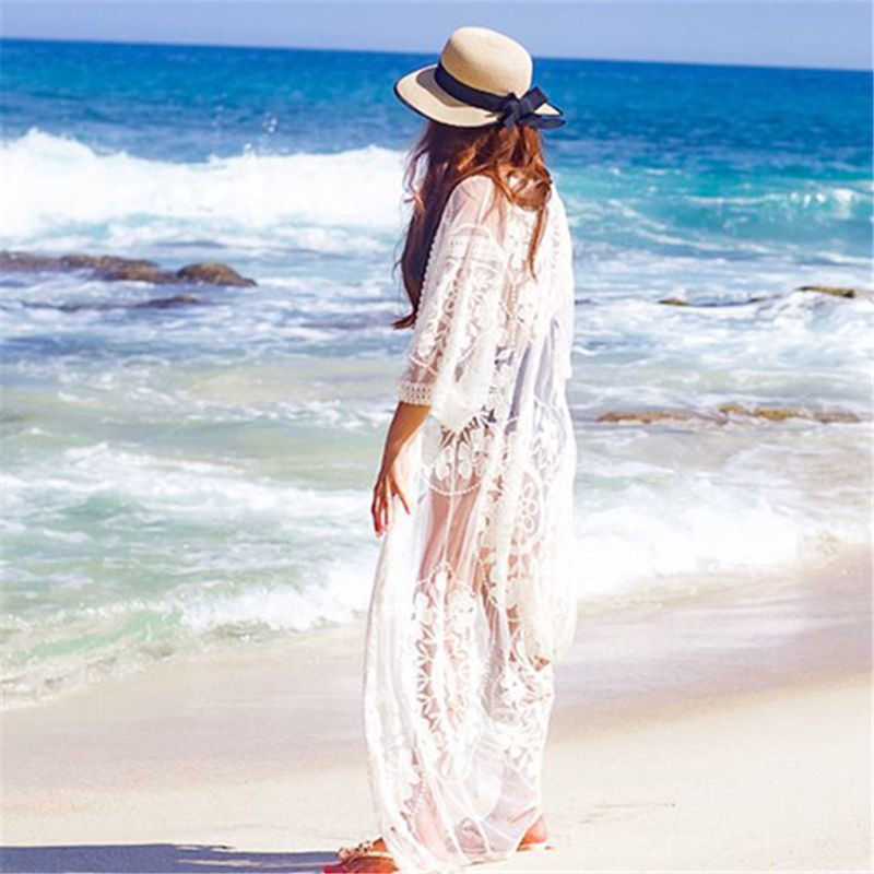 Mesh Cover up Saida de Praia Embroiry Swimsuit Sarong Kimono Summer Beach Dress Vestidos Playa #Q976 210420