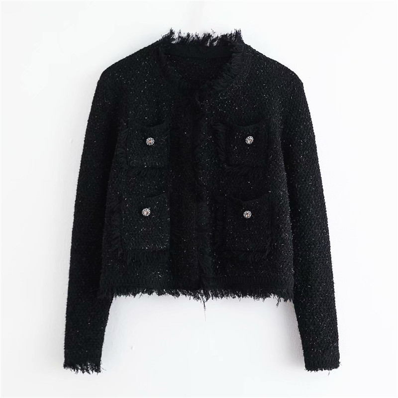 Evfer Women Fashion Tweed Solid Autumn Short Outwear Female Elegant Jewelry Button Long Sleeve Pockets Jackets Coats Chic 210421