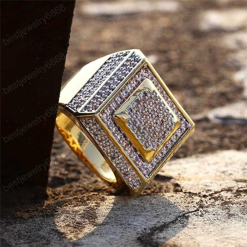 Mens Ring Vintage Hip Hop Jewelry Full CZ Bling Iced Out Copper Rings Real Gold Plated for Lover Fashion Jewelry