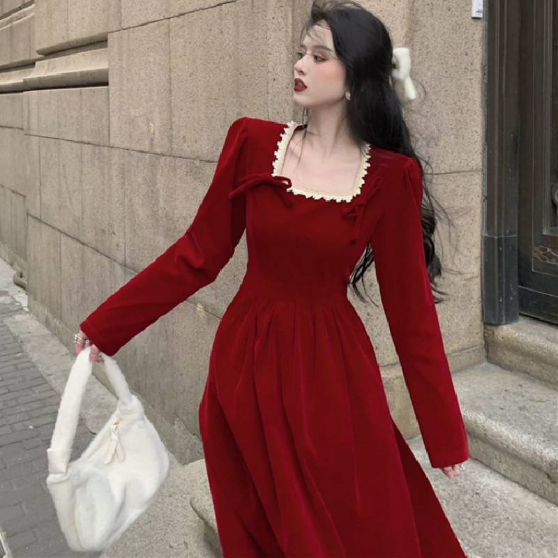 Vintage Midi Dress Women Spring Long Sleeve Bow Square Collar Dress Korean Party French Elegant Dress Female 210521