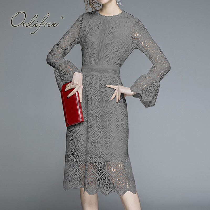 Summer Women White Lace Midi Embroidery Crochet Hollow Out See Through Long Sleeve Tunic Elegant Party Dress 210415 C260312