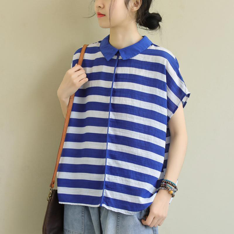 Summer Arts Style Women Loose Striped Shirts Peter Pan Collar Short Sleeve Casual Blouses Plus Size Blusas Mujer S966 210512