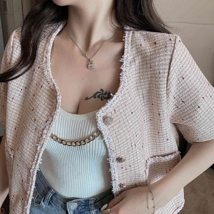 Korean Summer Women Single-breasted Tweed Cardigan Coat Elegant Vintage Round Neck Short Sleeve Casual Outwear 210519
