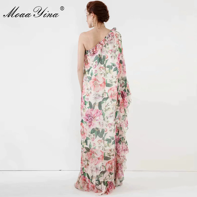 Spring Summer Women Dress One-shoulder Irregular Collar Floral-Print Cascading Ruffle Vacation Party Maxi Dresses 210524