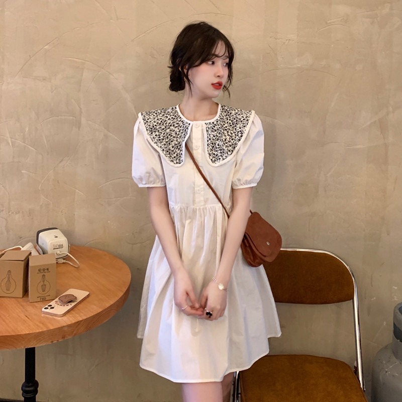Loose Puff Short Sleeve Peter Pan Collar White Shirts Dress Women Summer Sweet Japan Style Fashion Vestido Feminino Preppy Chic 210429