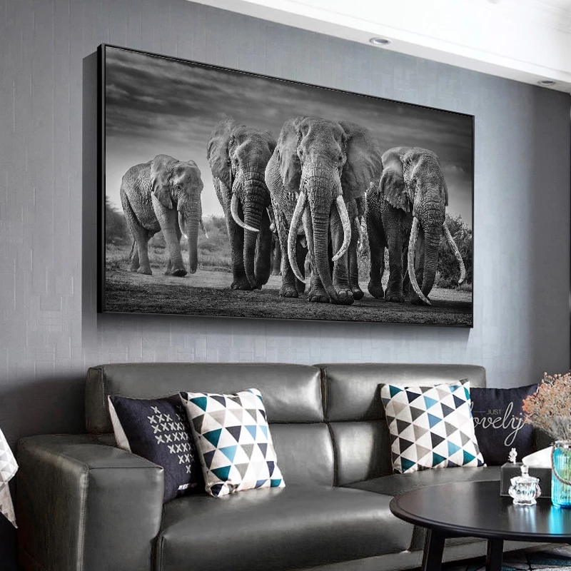 African Elephants Wild Animals Canvas Painting Scandinavia Posters and Prints Cuadros Black White Wall Art Pictures For Living Room