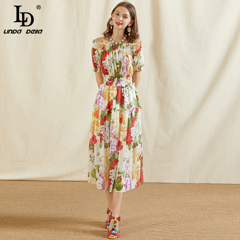 Fashion Runway Summer Dress Women Slash neck Elastic waist Floral print Elegant Holiday Chiffon Midi 210522