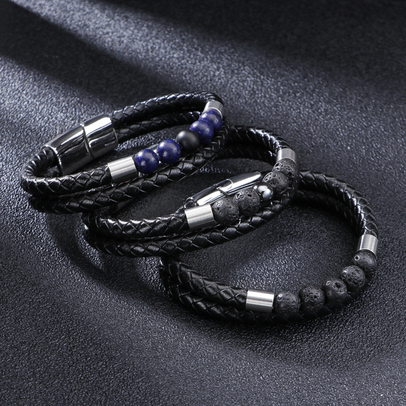 Cool Man Jewelry Natural Lava Stone Bead Strand Bracelet Black Braided Leather Magnetic Buckle Bracelets