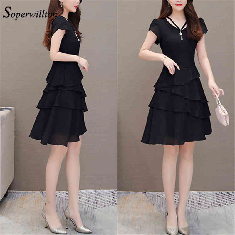 Summer Chiffon Dress Women V-Neck Solid Short Dresses Sweet Ruffle Sleeeve Slim New Casual layered Women Dress Plus Size 210409
