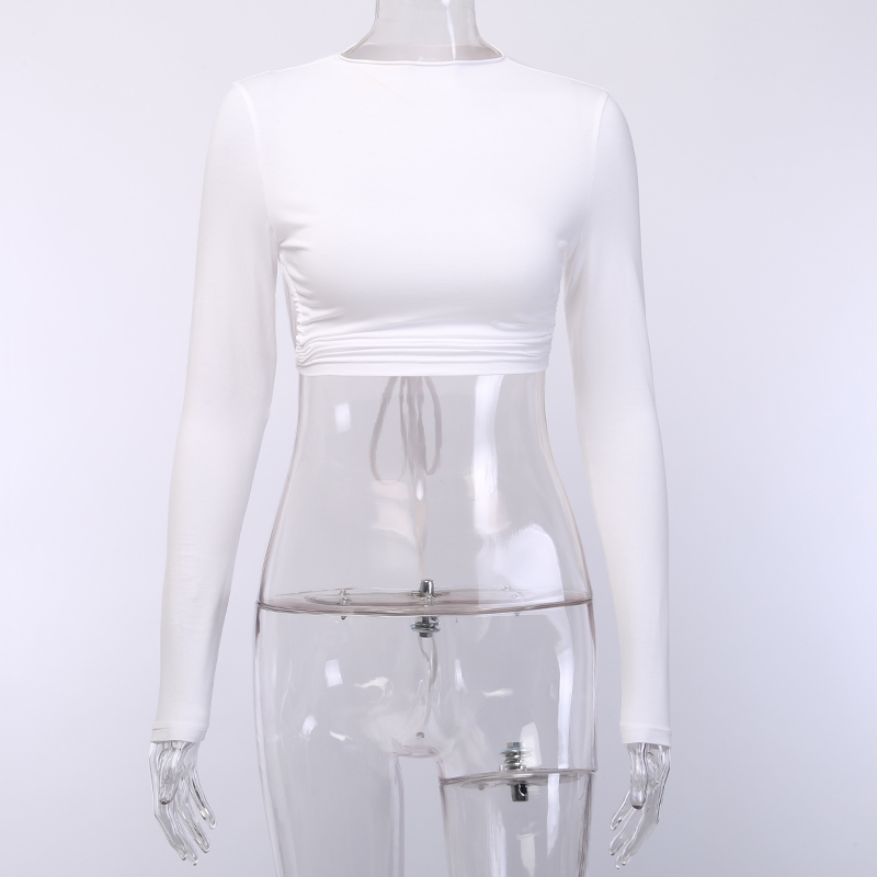 WannaThis Backless Tshirt Crop Tops Women Slim Elastic Fashion Lace up Hollow Out Women Cropped Top Summer Long Sleeve Shirts 210406