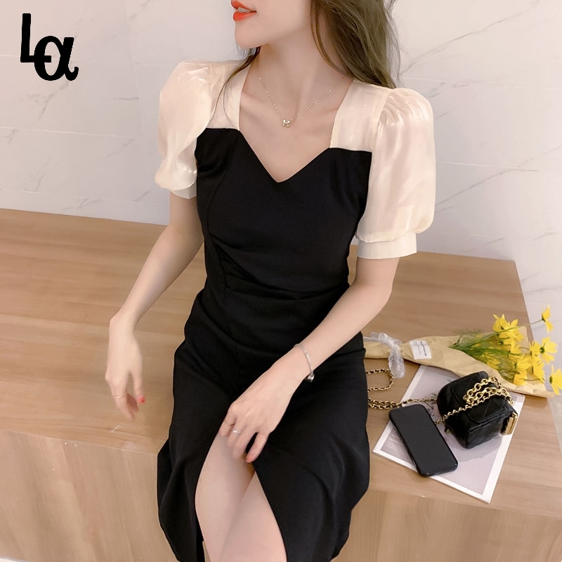 Chic Women Puff Short Sleeve Dress Patchwork Korean Fashion Summer Square Collar Split Temperamental Party 210519, Short dress
Chic Women Puff Short Sleeve Dress Patchwork Korean Fashion Summer Square Collar Split Temperamental Party 210519, Short dress