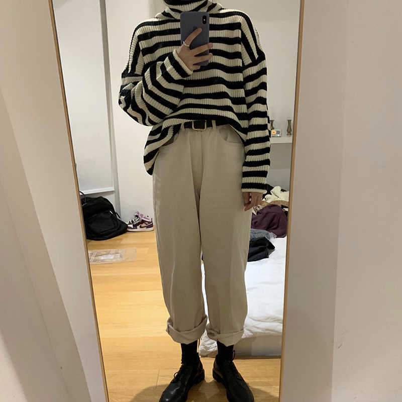 Women Stripes Sweater Harajuku Winter Vintage Women Thickening Loose Warm Turtleneck Sweater 210918