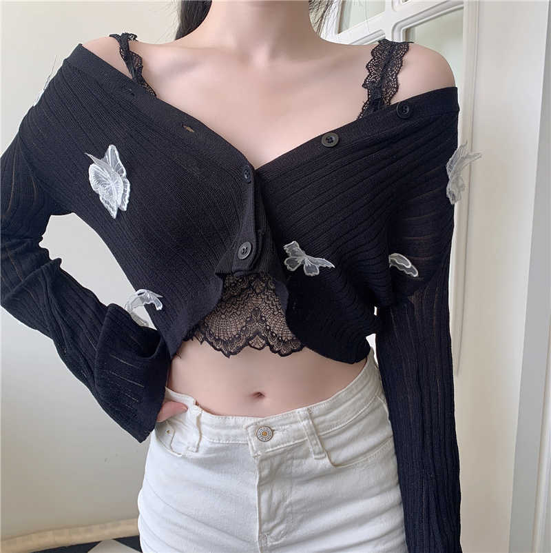 Butterfly Knit Cardigan Korean Sexy V-Neck Fitness Crop Tops Ladies Summer Thin Long Sleeved Sunscreen Jackets 210914
