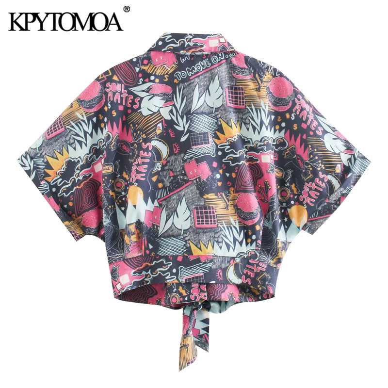 Women Fashion Printed Bow Tied Cropped Blouses Lapel Collar Short Sleeve Female Shirts Blusas Chic Tops 210420