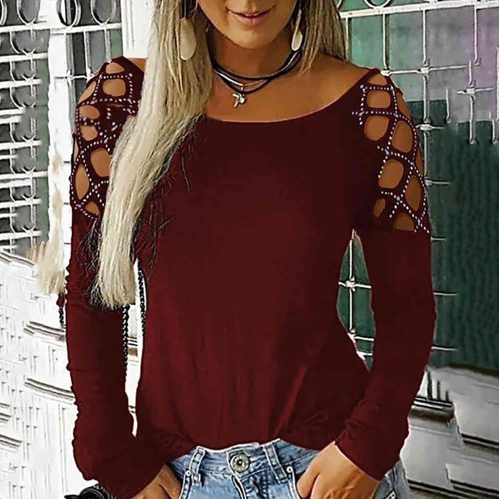 Hollow Out Women T-shirt Tops Autumn Fall Long Sleeve Casual Solid Lady T Shirt Tee Shirt Female Tops Plus Size S - 5XL D30 210406